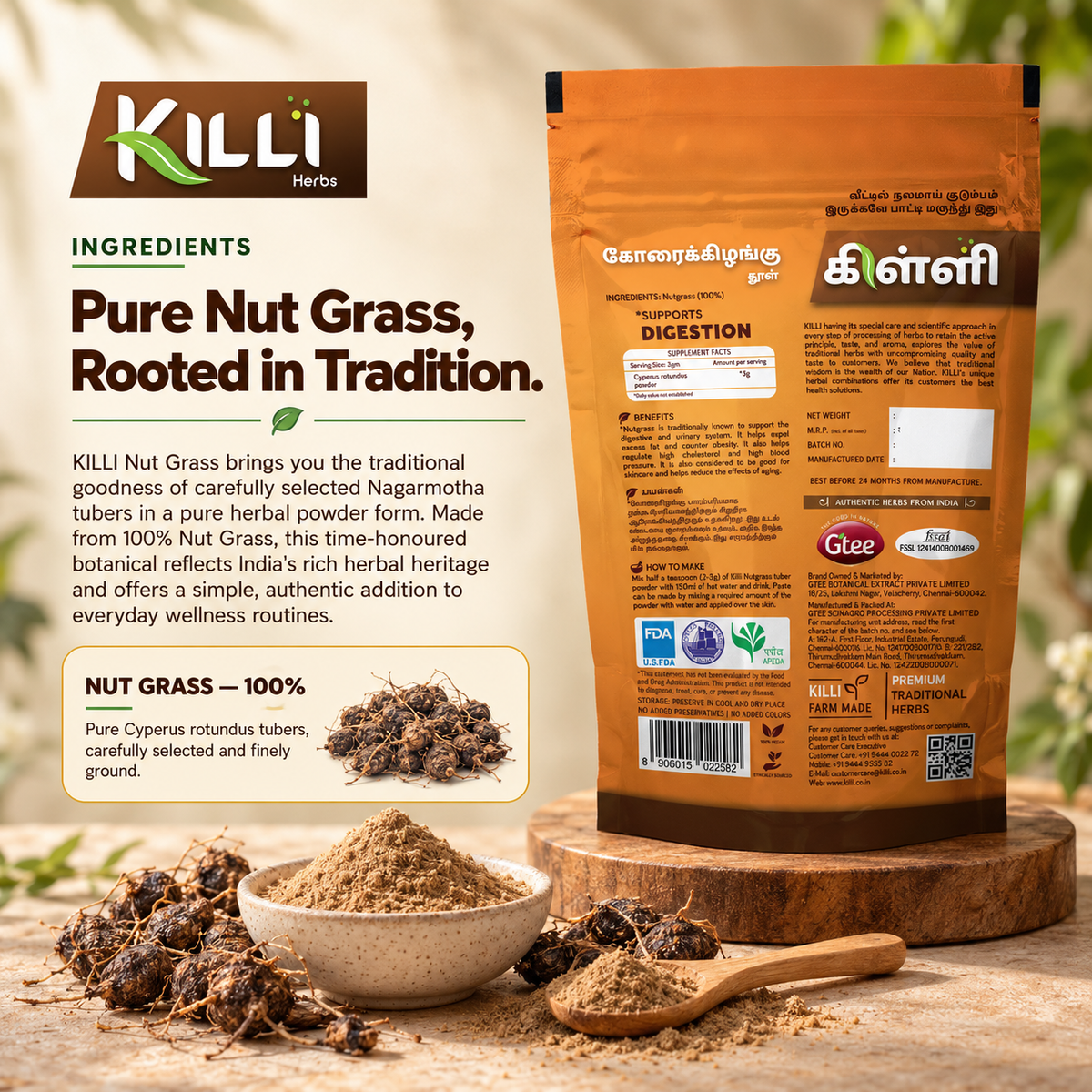 KILLI Nut Grass | Cyperus rotundus | Korai Kizhangu Tuber Powder, 100g | A Traditional Tuber Ritual, Two Ways