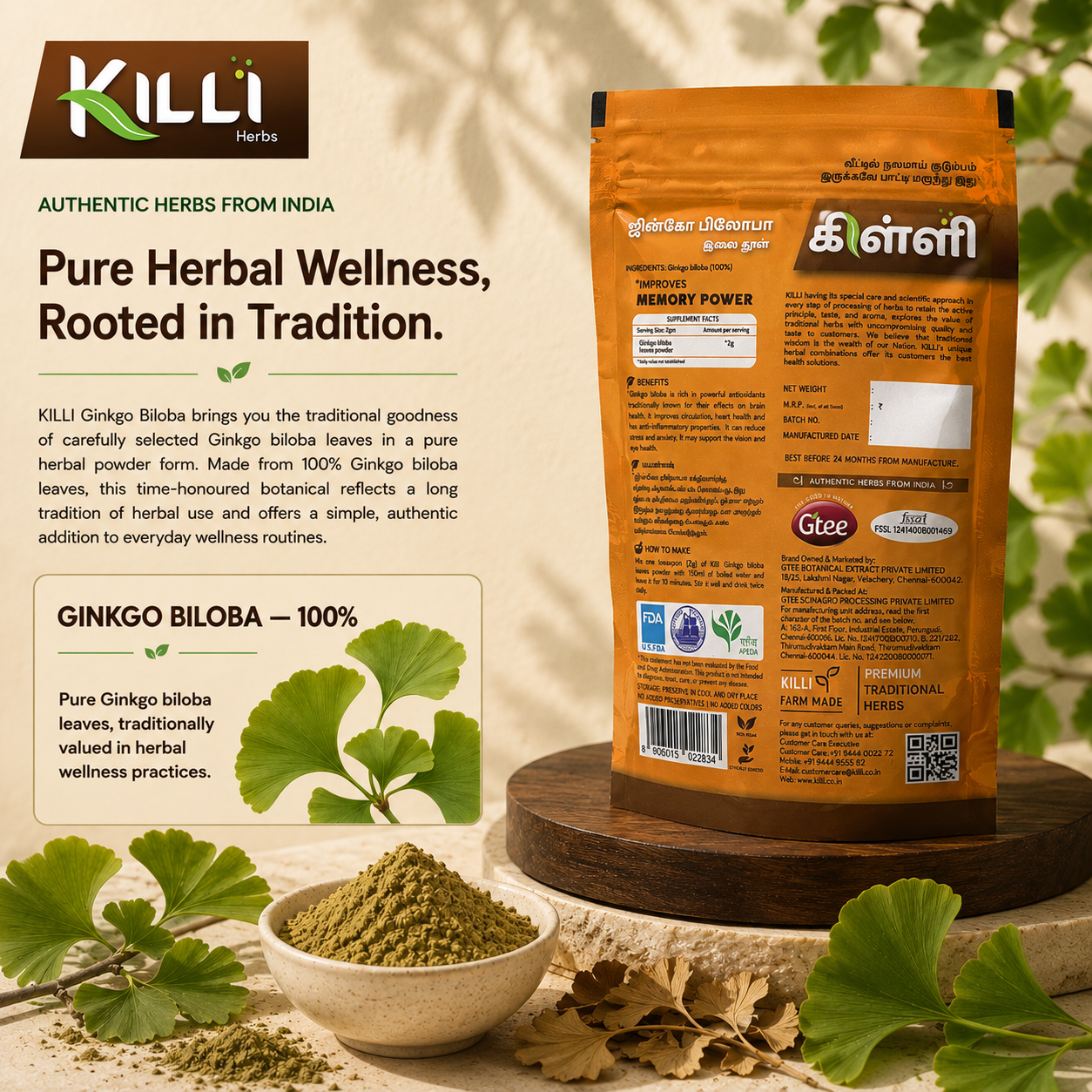 Killi Ginkgo Biloba Leaves Powder | A Traditional Aid for Memory and Focus, 100g