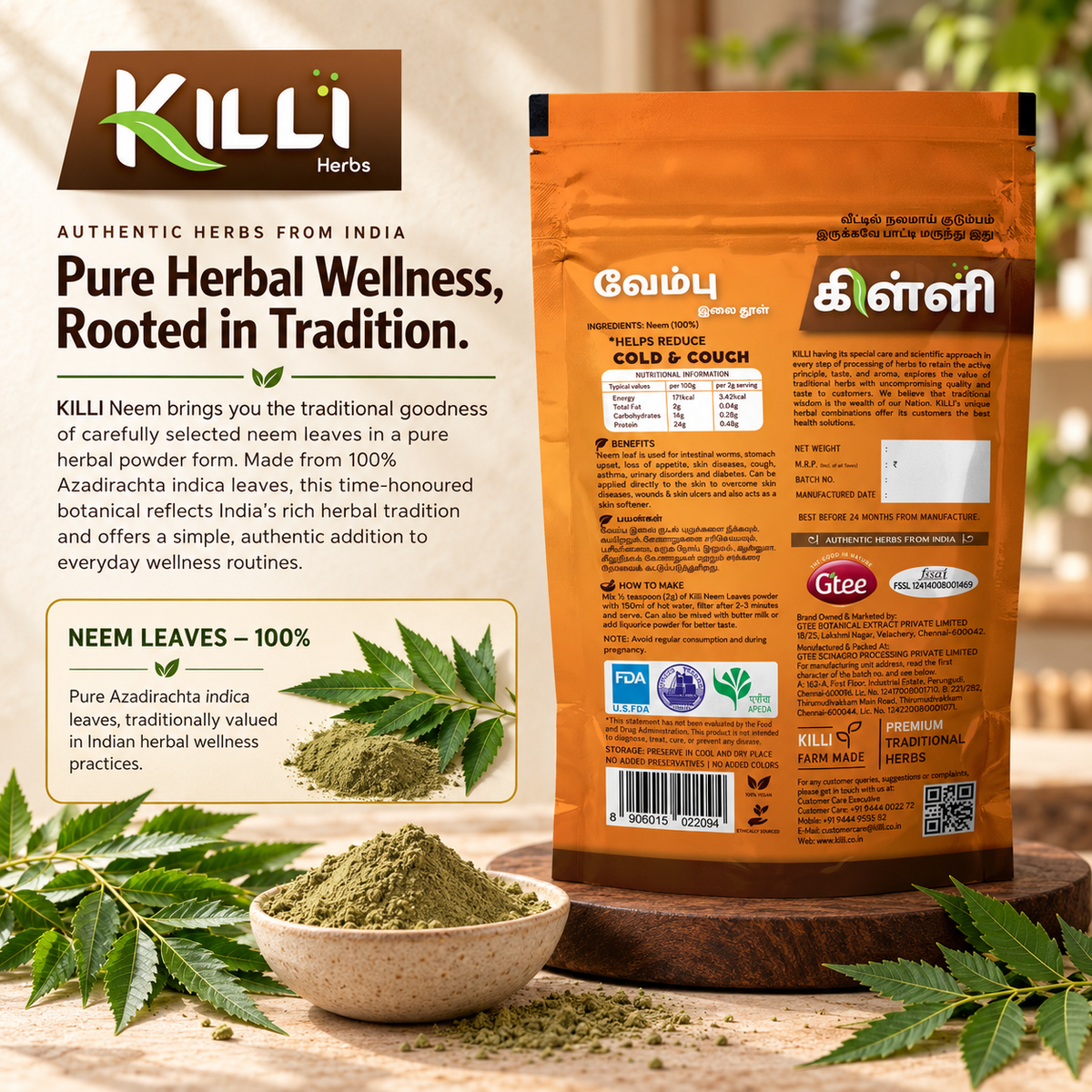 KILLI Neem | Vembu | Veppu | Vepa | Turakabevu Leaves Powder, 100g | A Traditional Bitter-Herb Ritual