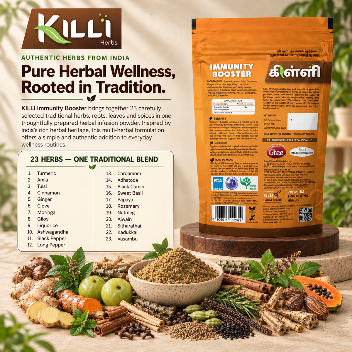 KILLI Immunity Booster Infusion Powder, 100g | A 23-Herb Traditional Wellness Blend