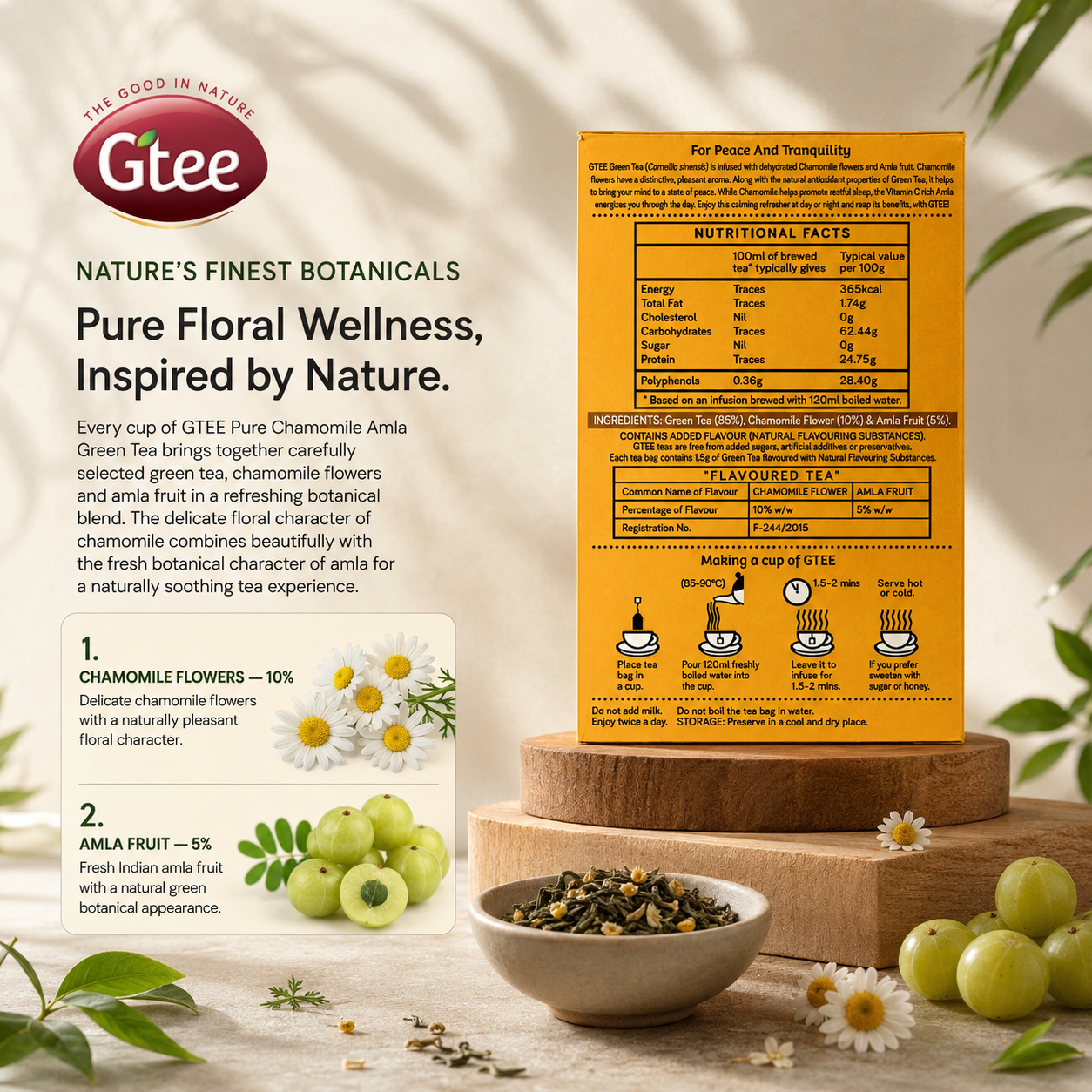 GTEE Chamomile Amla | Green Tea with Chamomile Flower & Amla | A Calming Refresher for Restful Nights