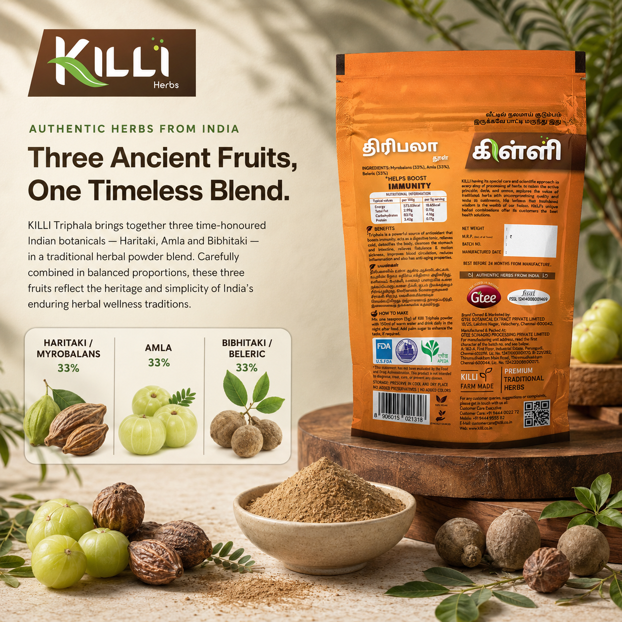 Killi Triphala | Three-Fruit Ayurvedic Powder | Traditional Support for Digestion & Immunity