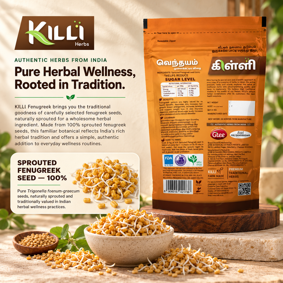 KILLI Sprouted Fenugreek | Methi | Vendhayam | Uluva | Menthulu | Menthya Seeds, 100g | A Traditional Sprouting Ritual