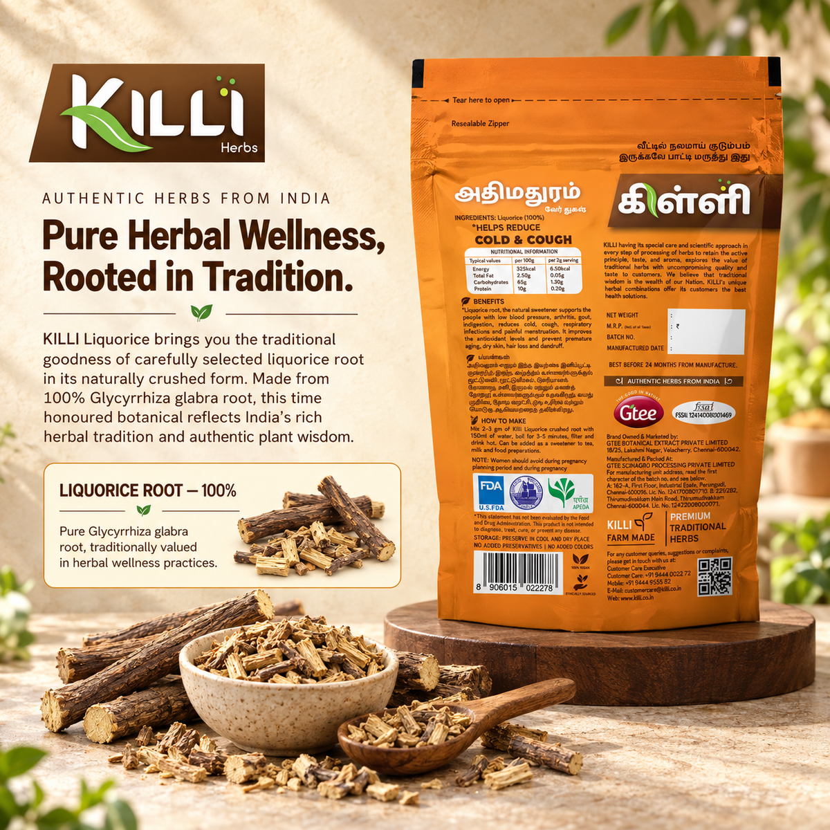KILLI Liquorice | Mulethi | Adhimadhuram | Irattimadhuram | Atimadhuramu | Jeshtamadhu Root Crushed, 100g | A Traditional Root, Naturally Sweet