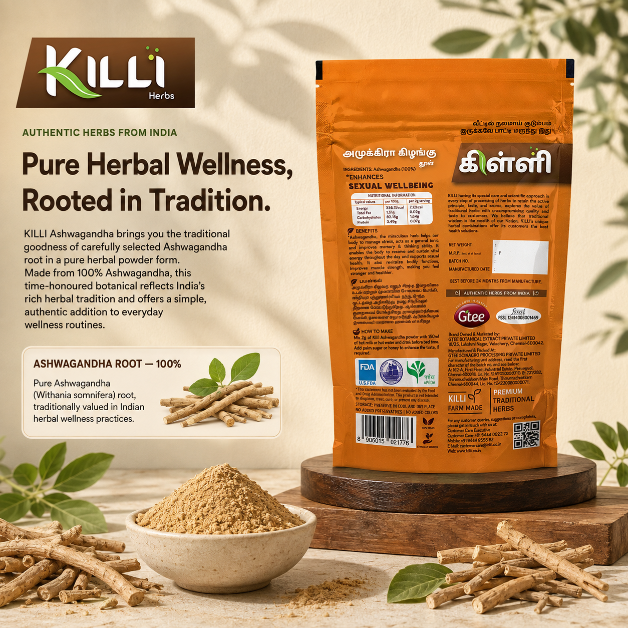 Killi Ashwagandha | Amukkara Kizhangu Powder | Traditional Stress & Vitality Tonic
