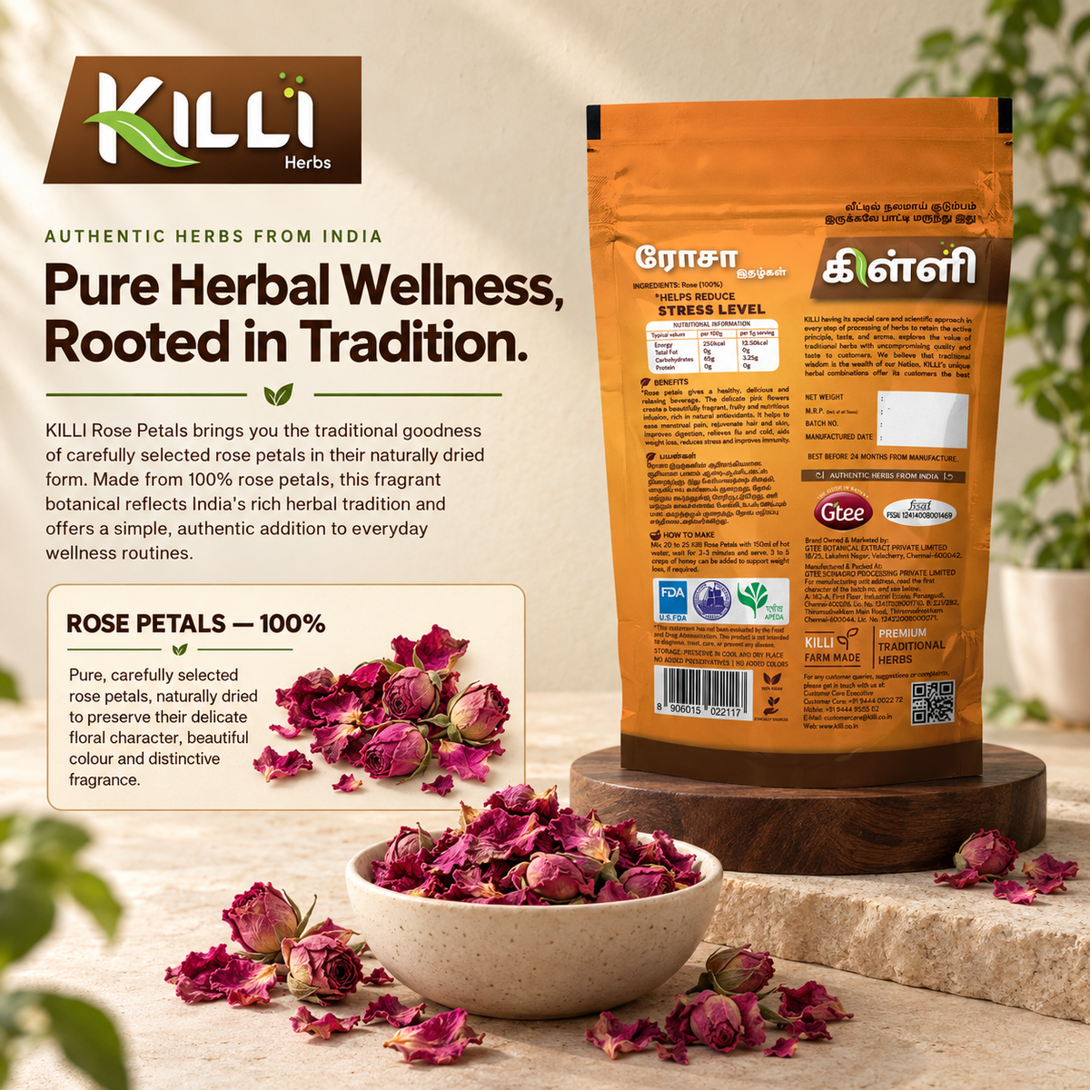 KILLI Rose | Gulab | Panineer | Gulabi Petals, 50g | A Fragrant, Relaxing Everyday Infusion