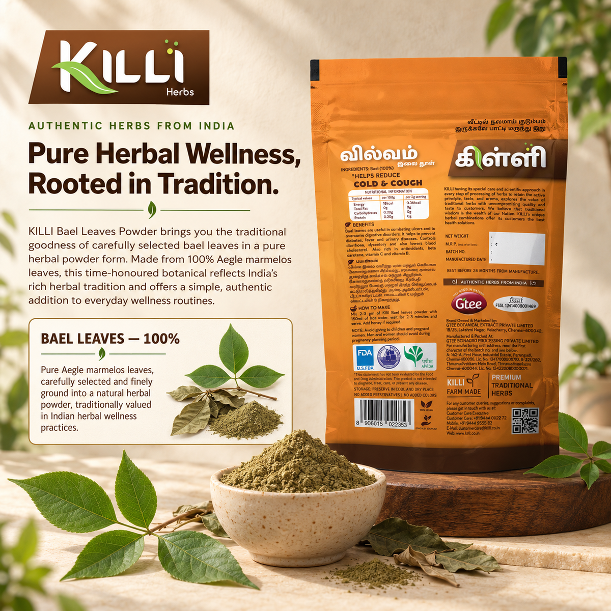 KILLI Bael | Vilvam | Bilva | Koovalam | Maredu | Bilvapatre Leaves Powder, 100g | A Traditional Household Herbal Ritual
