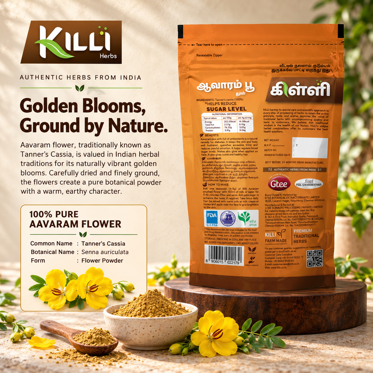 KILLI Aavarampoo | Tarwar | Avaram | Tangedu | Aavarike Flower Powder, 100g | A Traditional Flower Ritual, Two Ways