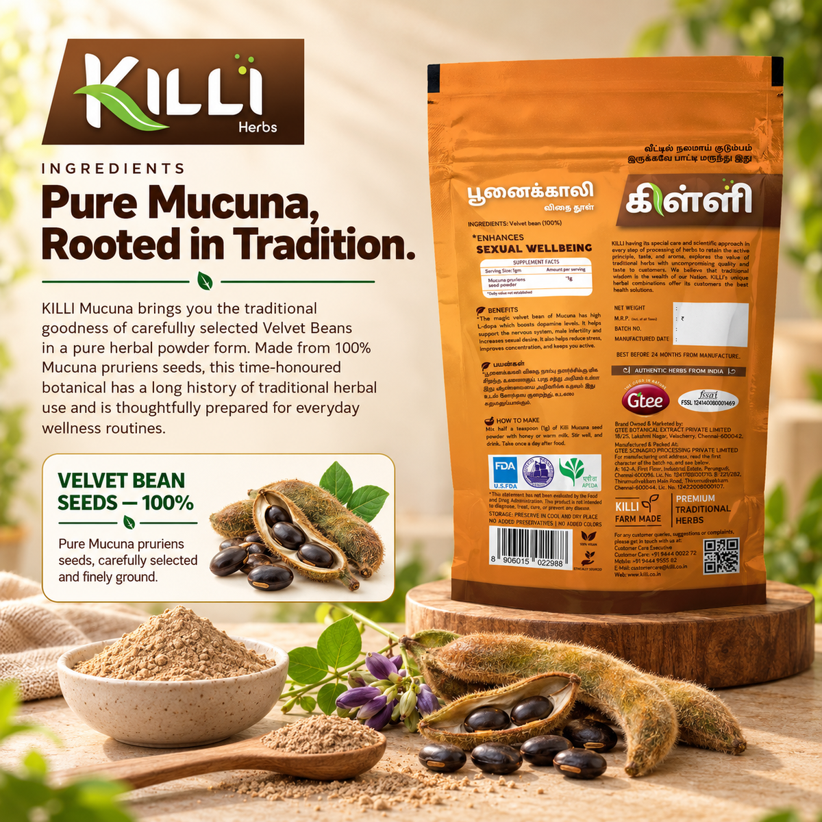 KILLI Mucuna Seed Powder | Mucuna pruriens | Black Kaunch | Poonaikali | Kapikachhu | Velvet Bean Powder, 100g | A Traditional Vitality Ritual, Rooted in Ayurveda