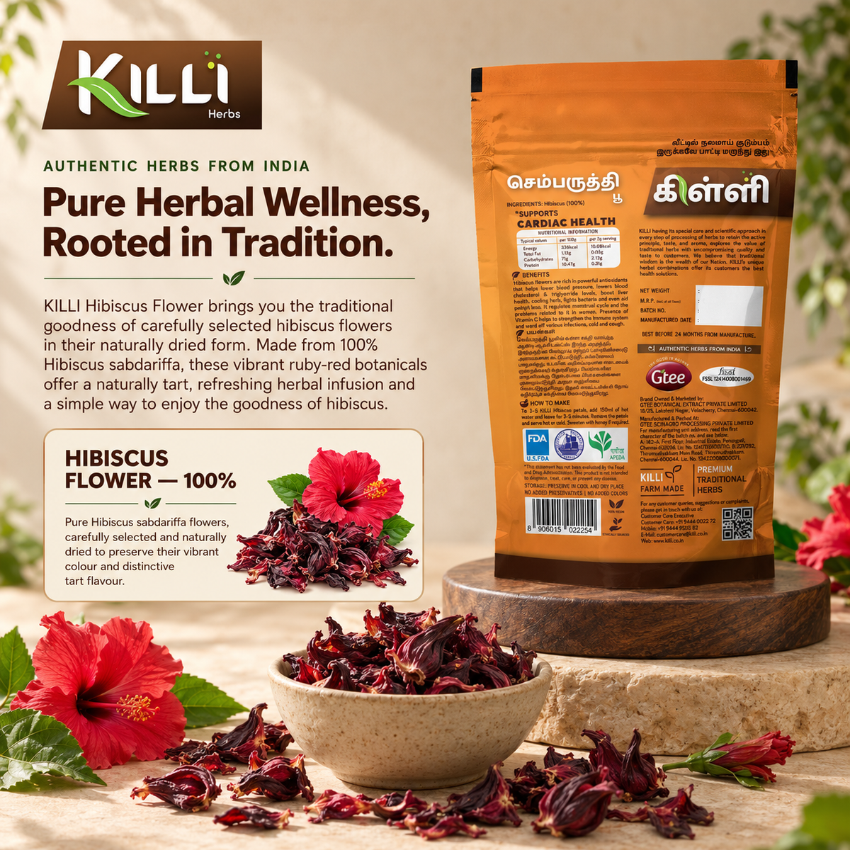 KILLI Hibiscus | Sembaruthi | Gudhal | Chembarathi | Mandara | Dasavala Flower, 60g | A Naturally Cooling Everyday Ritual
