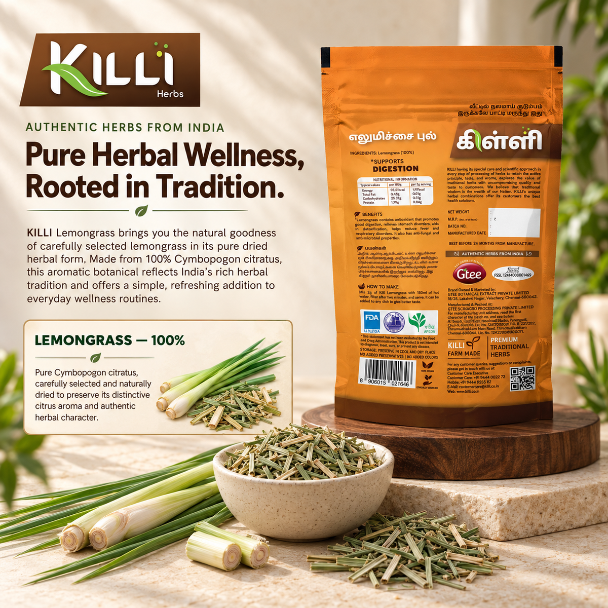 KILLI Lemongrass | Elumichaipul | Nimbughaas | Inchi Pullu | Nimma Gaddi | Majjige Hullu, 60g | A Fragrant, Citrusy Everyday Infusion