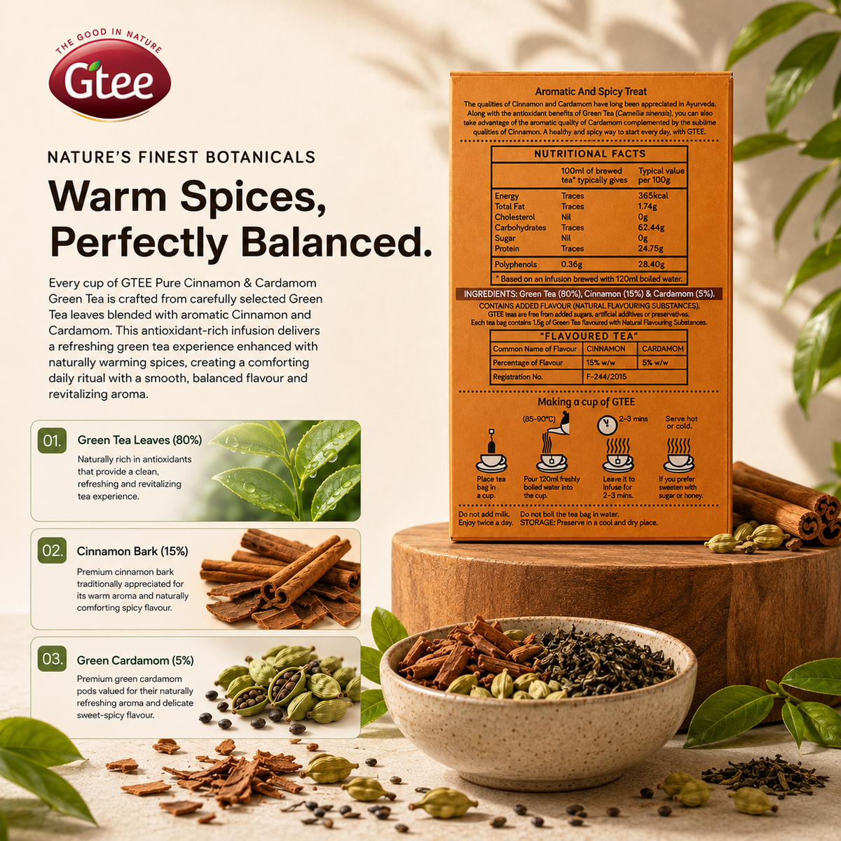 GTEE Cinnamon Cardamom | Green Tea with Cinnamon & Cardamom | A Spicy Revitaliser Rooted in Ayurveda