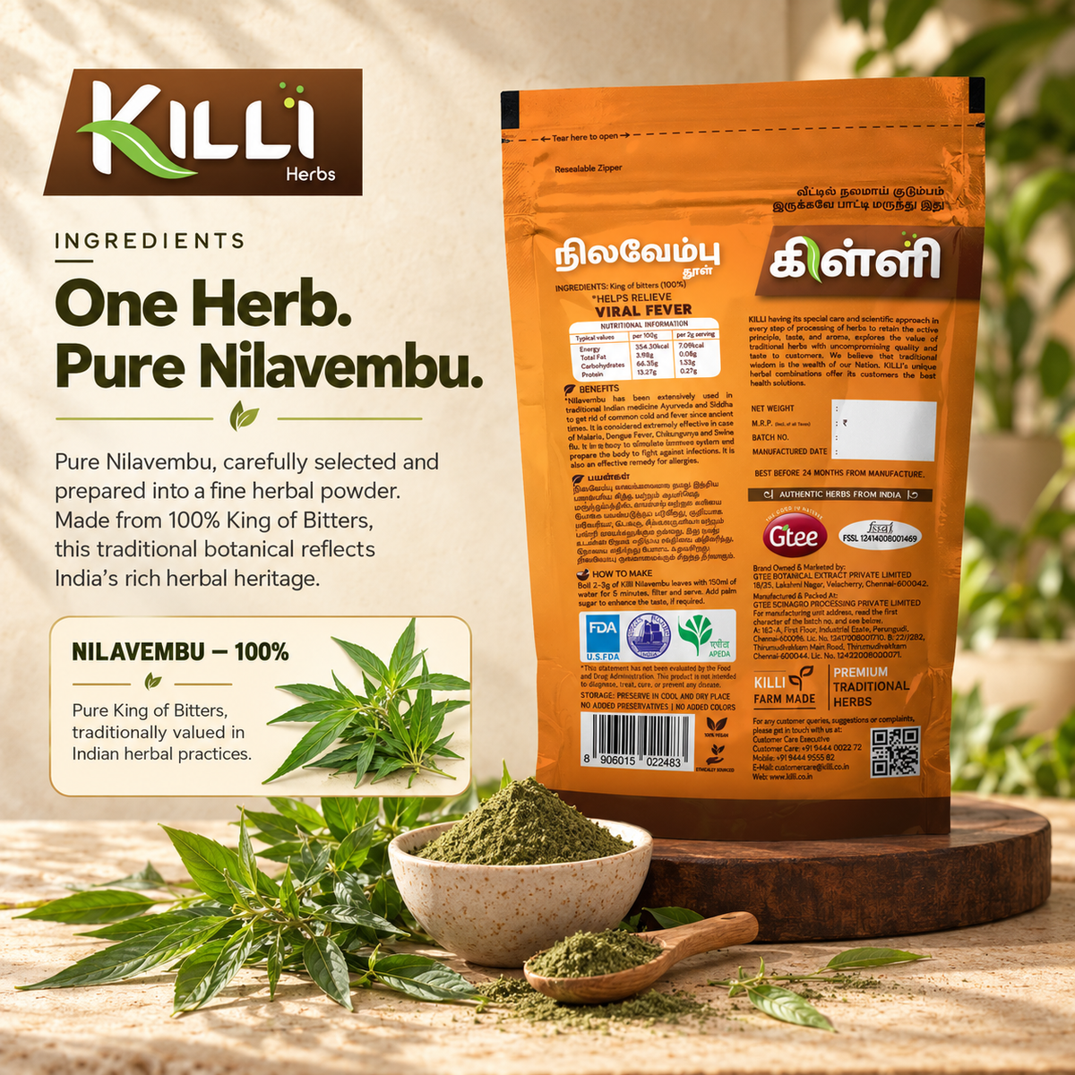 KILLI Nilavembu | Chirata | Kirayata | Andrographis paniculata | Kalmegh Powder, 100g | A Traditional Siddha & Ayurvedic Bitter Herb