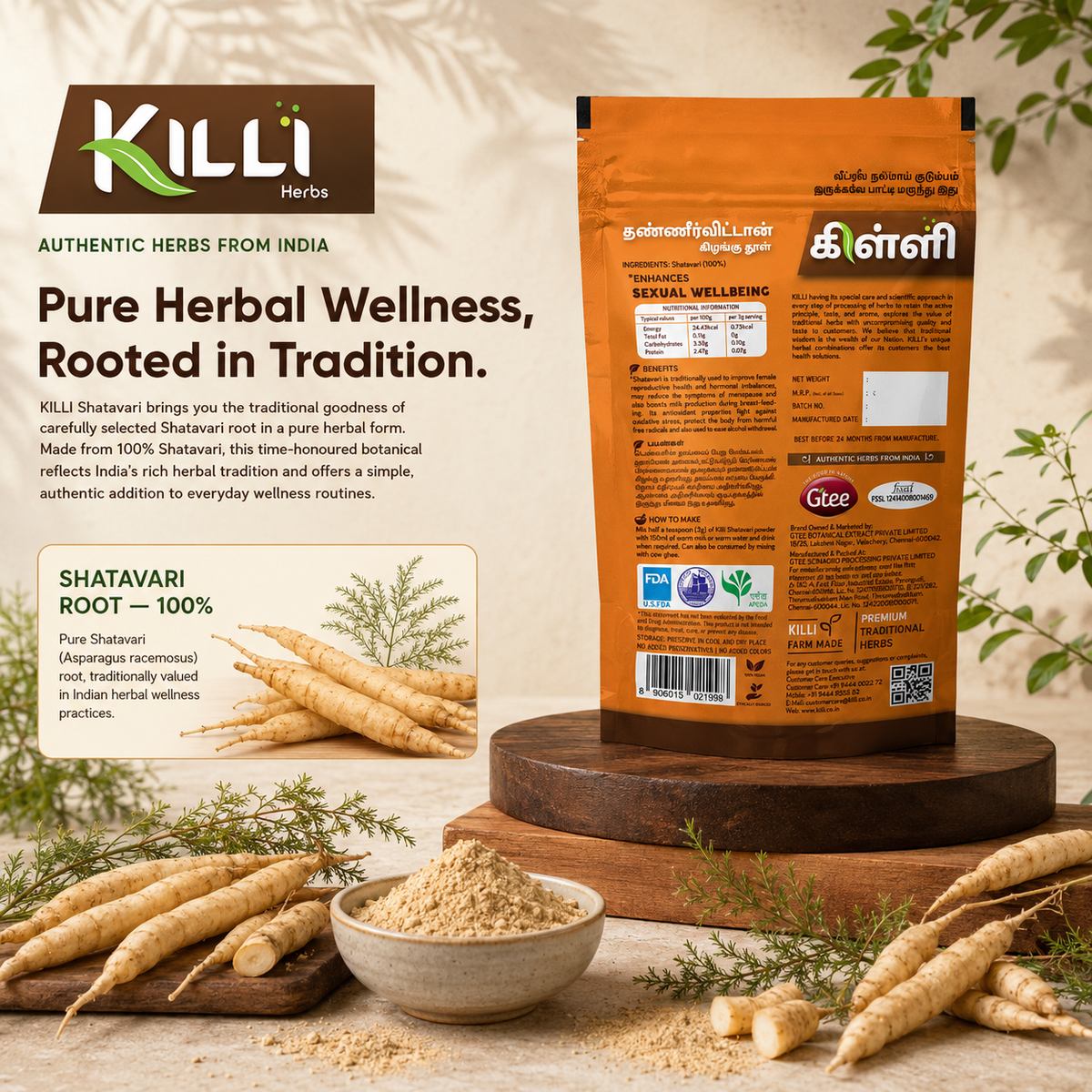 Killi Shatavari | Thaneervittan Kizhangu Powder | Traditional Support for Women's Wellness