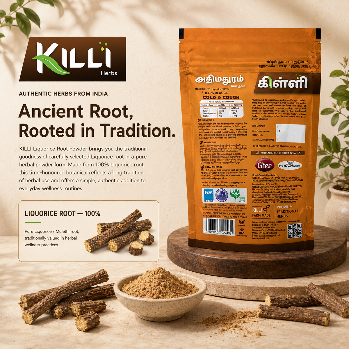 Killi Liquorice | Adhimadhuram | Mulethi Root Powder | A Natural Sweetener with a Legacy, 100g