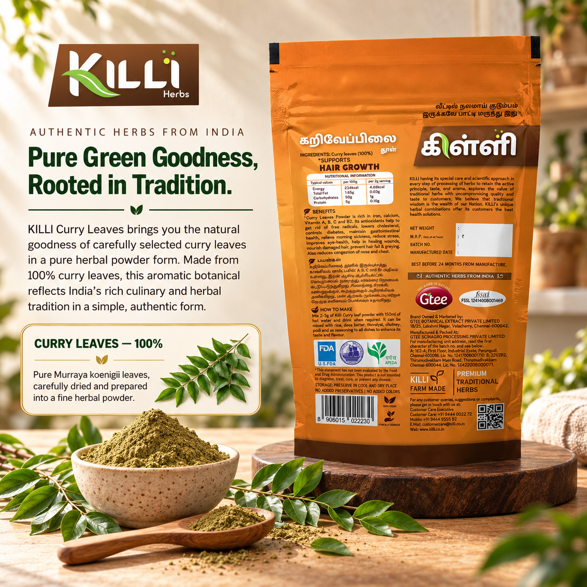 KILLI Curry | Kariveppilai | Kariveppu | Karivepa | Karibevu Leaves Powder, 100g | A Kitchen Staple, Ground Fine