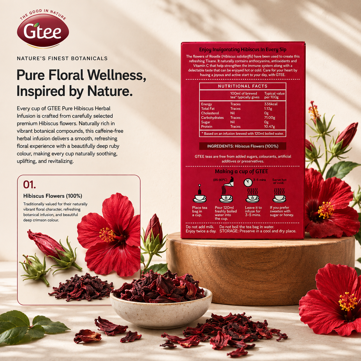 GTEE Hibiscus | Pure Hibiscus Flowers | Herbal Infusion, Soothing & Uplifting
