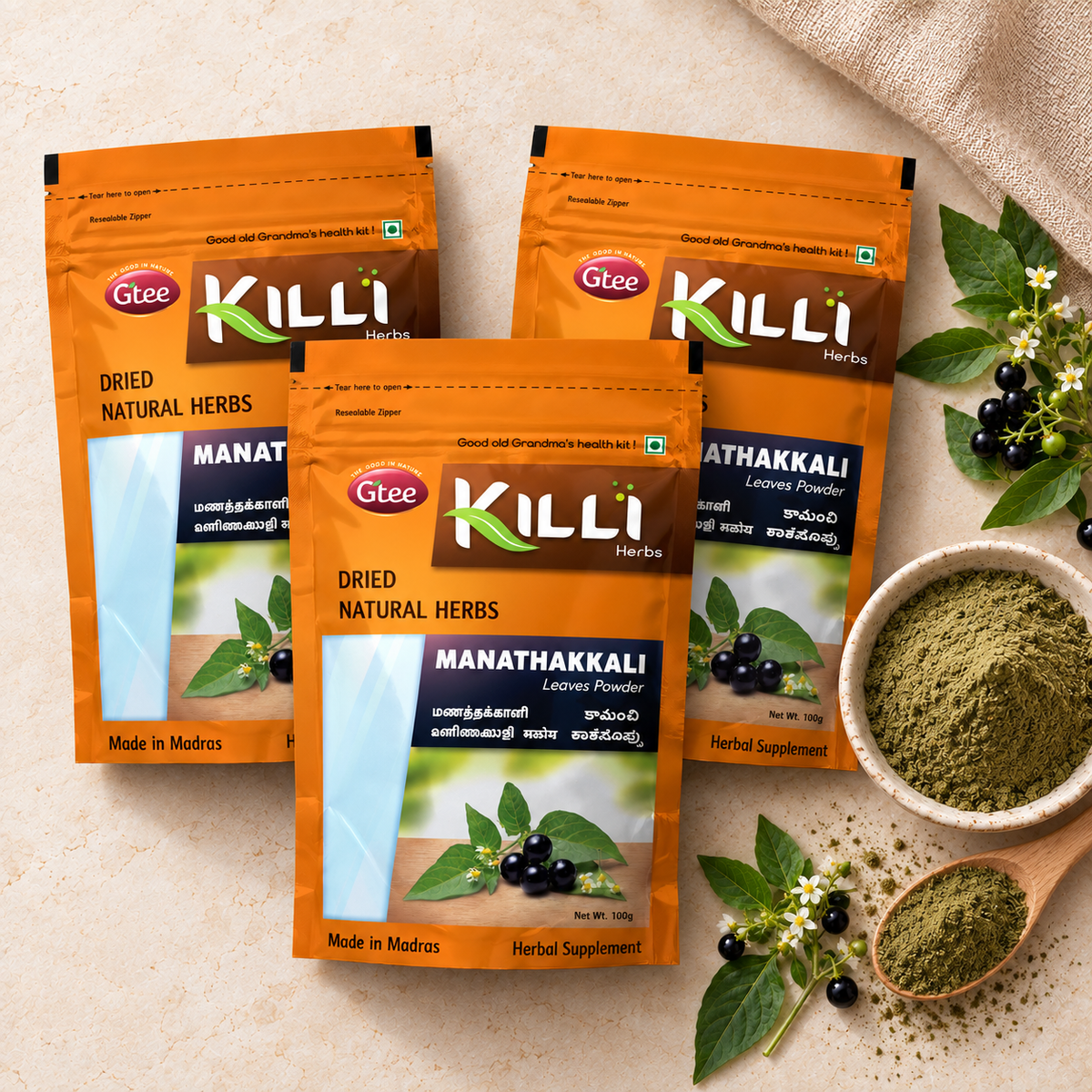 KILLI Manathakkali | Makoy | Black Nightshade | Manithakkali | Kamanchi Leaves Powder, 100g | A Traditional South Indian Kitchen Staple