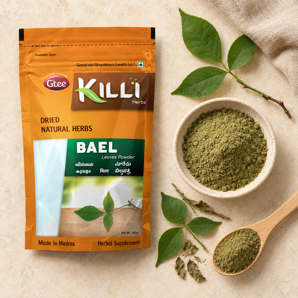 KILLI Bael | Vilvam | Bilva | Koovalam | Maredu | Bilvapatre Leaves Powder, 100g | A Traditional Household Herbal Ritual
